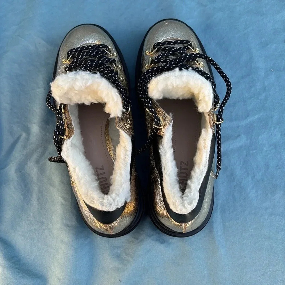 Schutz Lucille Metallic‎ Platform Faux Shearling Lined boot NWOT US 7.5B gold - Picture 9 of 10